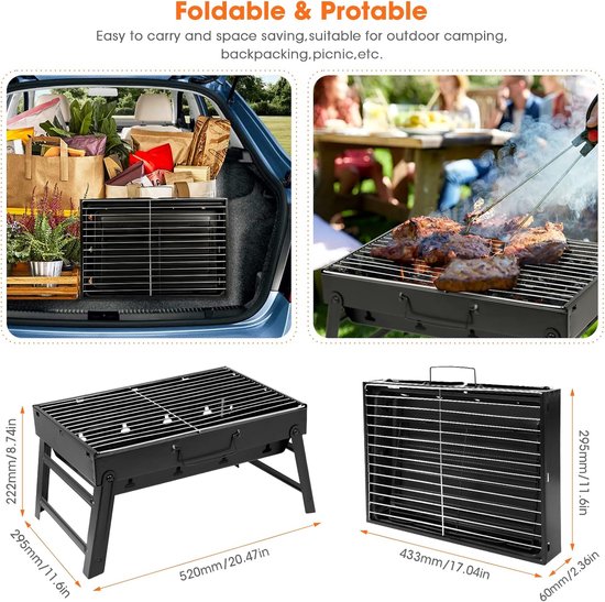 Draagbare Opvouwbare Houtskool BBQ Grill - Middelgroot (5–7 Personen) - Compact & Lichtgewicht - Ideaal voor Camping, Picknick, Terras & Tuin - 52 x 29 x 22 cm — afbeelding 4