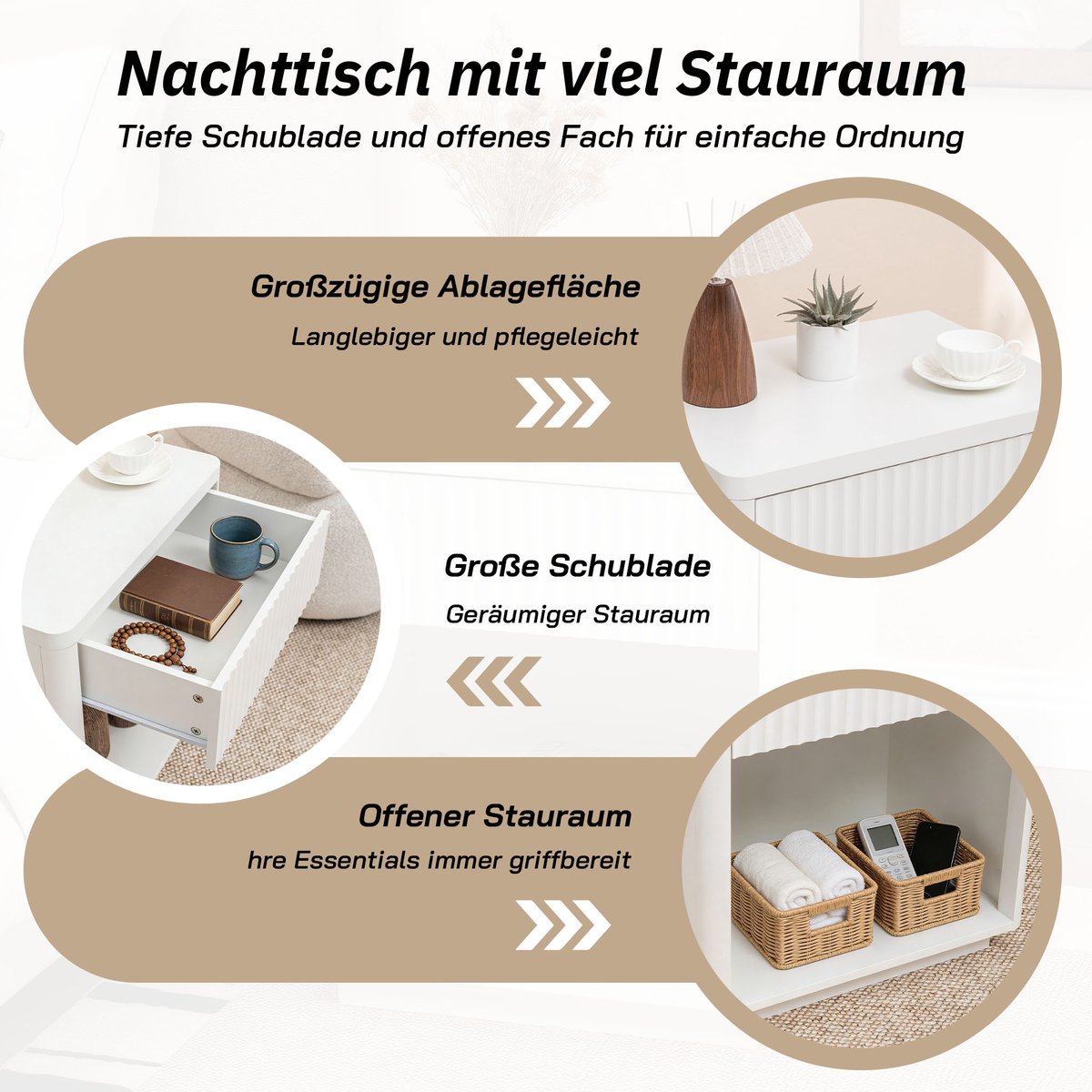 REDOM Nachtkastje met lade en open vak - Geribbeld front en gebogen profiel - Met stille metalen geleiders - MDF - Wit - 63,5 x 38 x 46,5 cm Wit(Stijl 1)