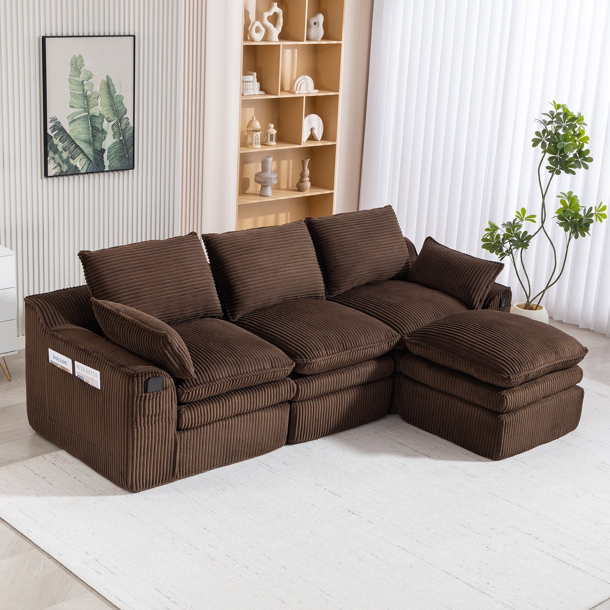 DESMIU Zitbank 263 x 167 x 85 cm - Modulaire 3-Zits Met Hocker, Kussens En Zijvakken - Voor Woonkamer En Kantoor - Corduroy - Bruin