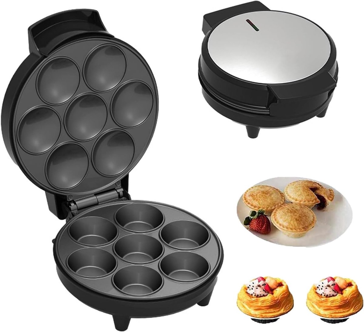 Mini Taartenmaker - Quiche Maker - Snacks Bakken - Dubbelzijdige Verwarming - 7 Holtes - Zwart