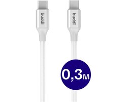 Buddi Flex - Korte USB-C naar USB-C Kabel 60W Fast Charge 20V/3A - Power Delivery - Dataoverdracht - Gevlochten Nylon - 0,3M - Wit