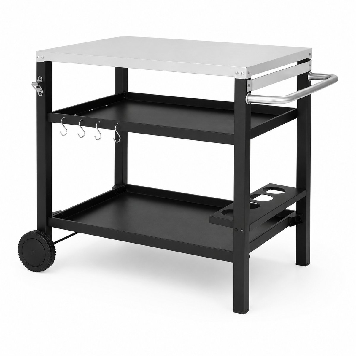 BBQ Trolley Buitenkeuken op Wielen - Barbecue Tafel met 3 Niveaus - Stalen Serveerwagen - Werktafel BBQ - 101 x 64 x 84 cm - Zwart
