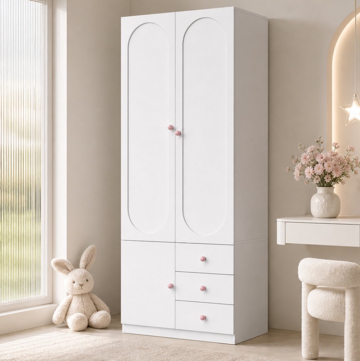 STILVORA Kledingkast - Kinderkledingkast Met 2 Deuren En 3 Lades - Met Hangrail En Planken - Voor Kinderkamer En Slaapkamer - MDF - Wit - 80x50x200 Cm