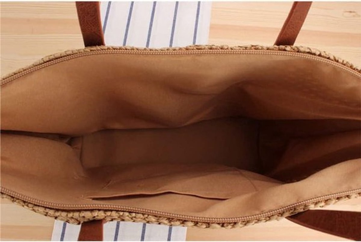 Handgeweven Rieten Schoudertas - Dames - Zomer - Strand - Leren Handvatten - Handtas Tote met Rits - Grote - Beige - Geschikt voor Merk - Handgeweven - Strandtas - Zomeroutfit.