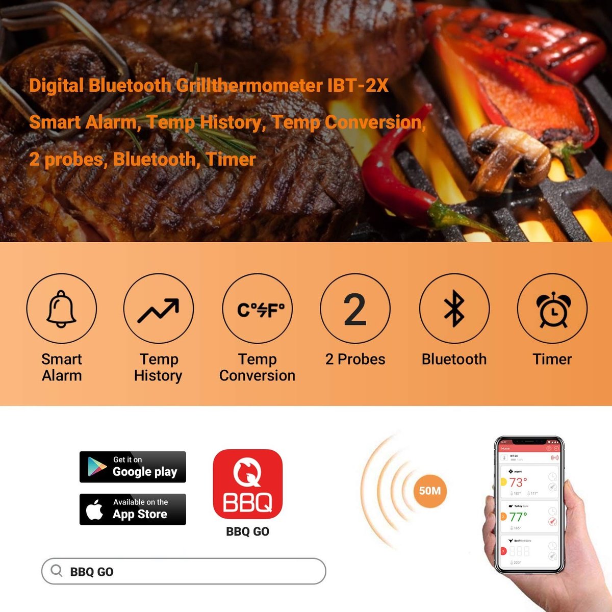 Plancha barbecue - Digitale Vleesthermometer - IBT-2X - Met Bluetooth en 2 Probes - Voor Smoker, Grill en Oven