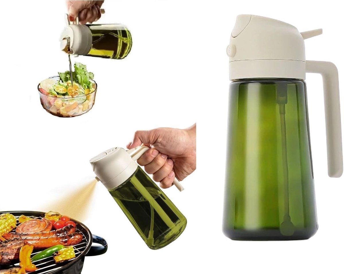 Olijfoliesprayer - Romig Wit - 470 ml - Glazen Olie Dispenser met 2-in-1 Spuit- en Giettuit - Voor Keuken en BBQ