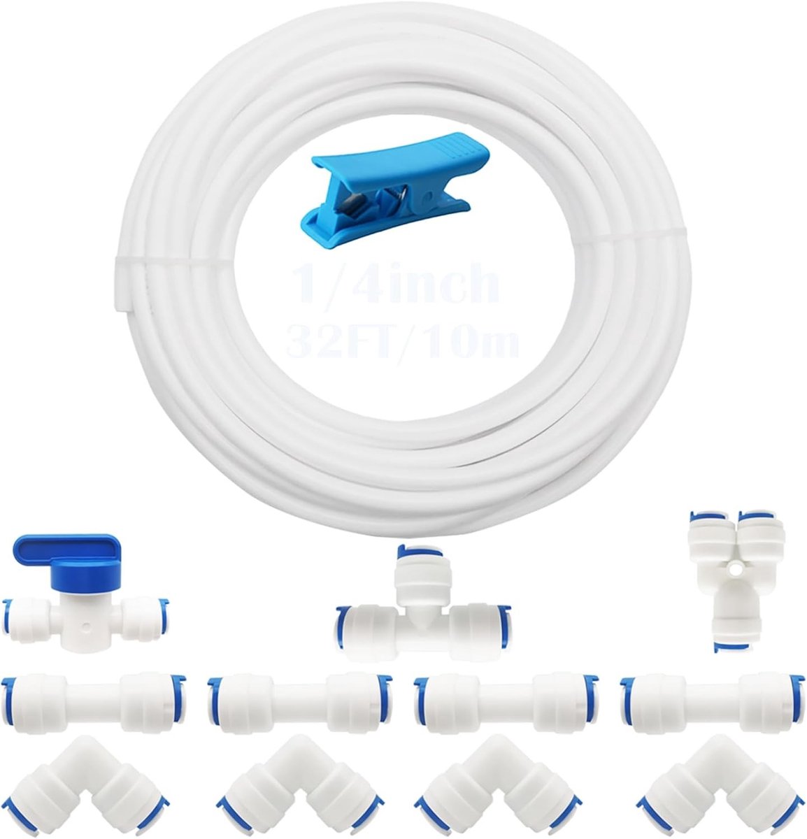 Universele Aansluitset voor Waterfilter, 1/4 Inch RO Waterleiding, 10m Koelkastslang met 11 Onderdelen en Afsluitklep, Inclusief Slangensnijder