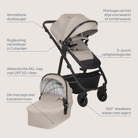 Beige kinderwagen met reiswieg. Gemarkeerde functies: verstelbare duwbeugel, 3-standen rugleuning, XXL-kap, 5-puntsgordel, zwenkwielen.