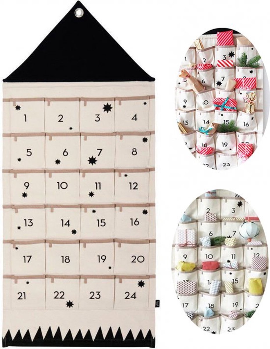 Lege zelf‑vulbare hangende adventskalender, herbruikbaar, met opbergzakken voor kinderen