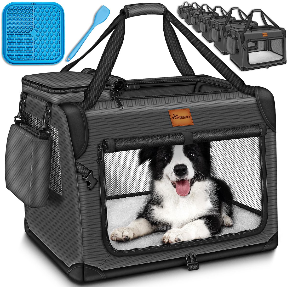 Famanu – Opvouwbare hondenbox met likmat en spatel, XL, 83 x 58 x 58 cm, transportbox voor honden en katten, robuuste hondentas, antraciet