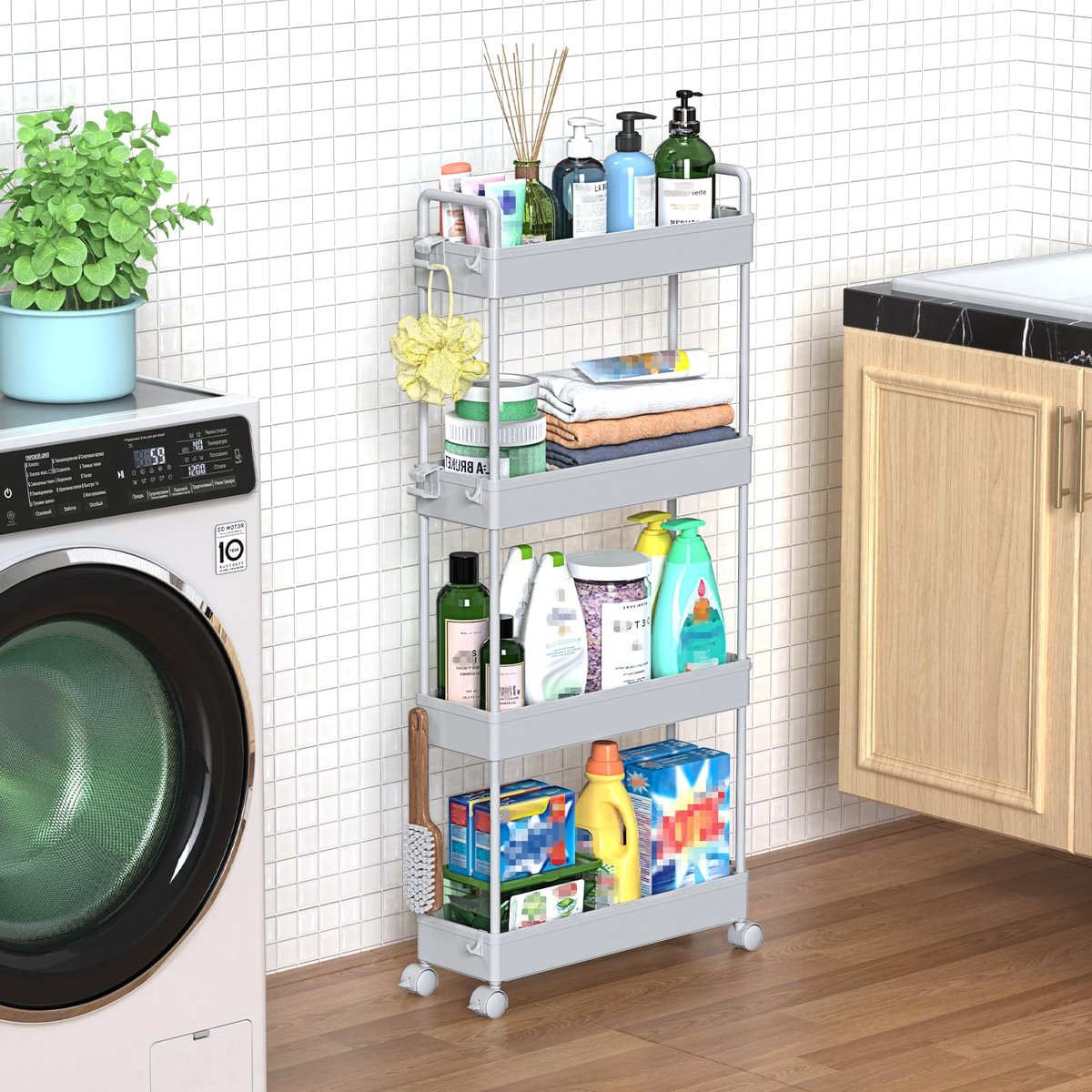Famanu – 4-laags opbergtrolley, uitschuifbare slanke rollende boodschappenkar, mobiele opslag voor keuken, badkamer en smalle plaatsen, kunststof, grijs
