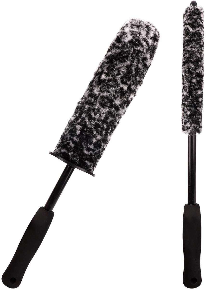 Famanu – Velgenborstel met lange handgreep, kunststof stift en microvezel set, flexibele autobandenborstel, 2 stuks