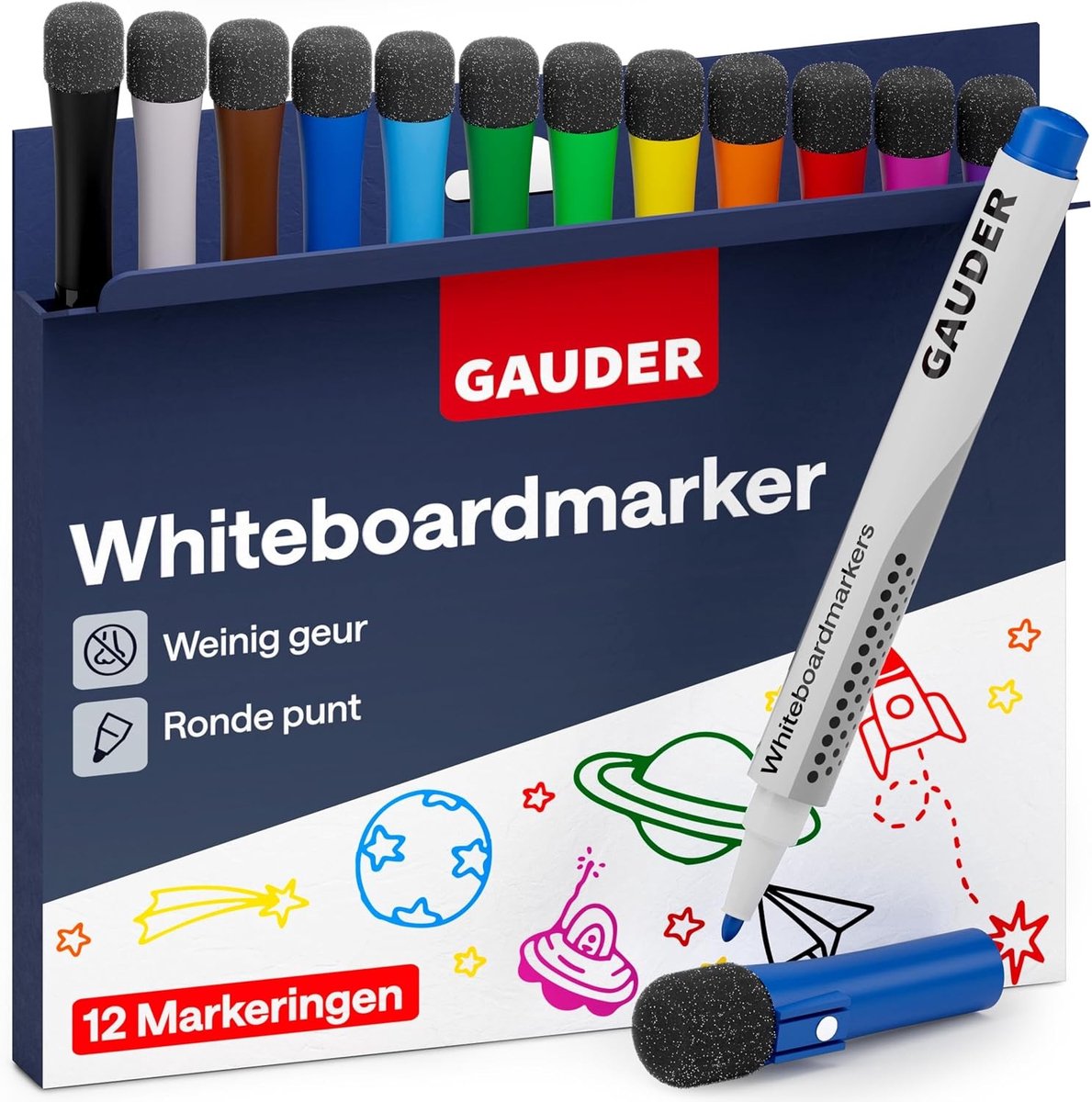 Whiteboardfolie - Multi - 12 Stuks - Uitwisbare Whiteboard Markers met Sponsje - Voor Kantoor en School