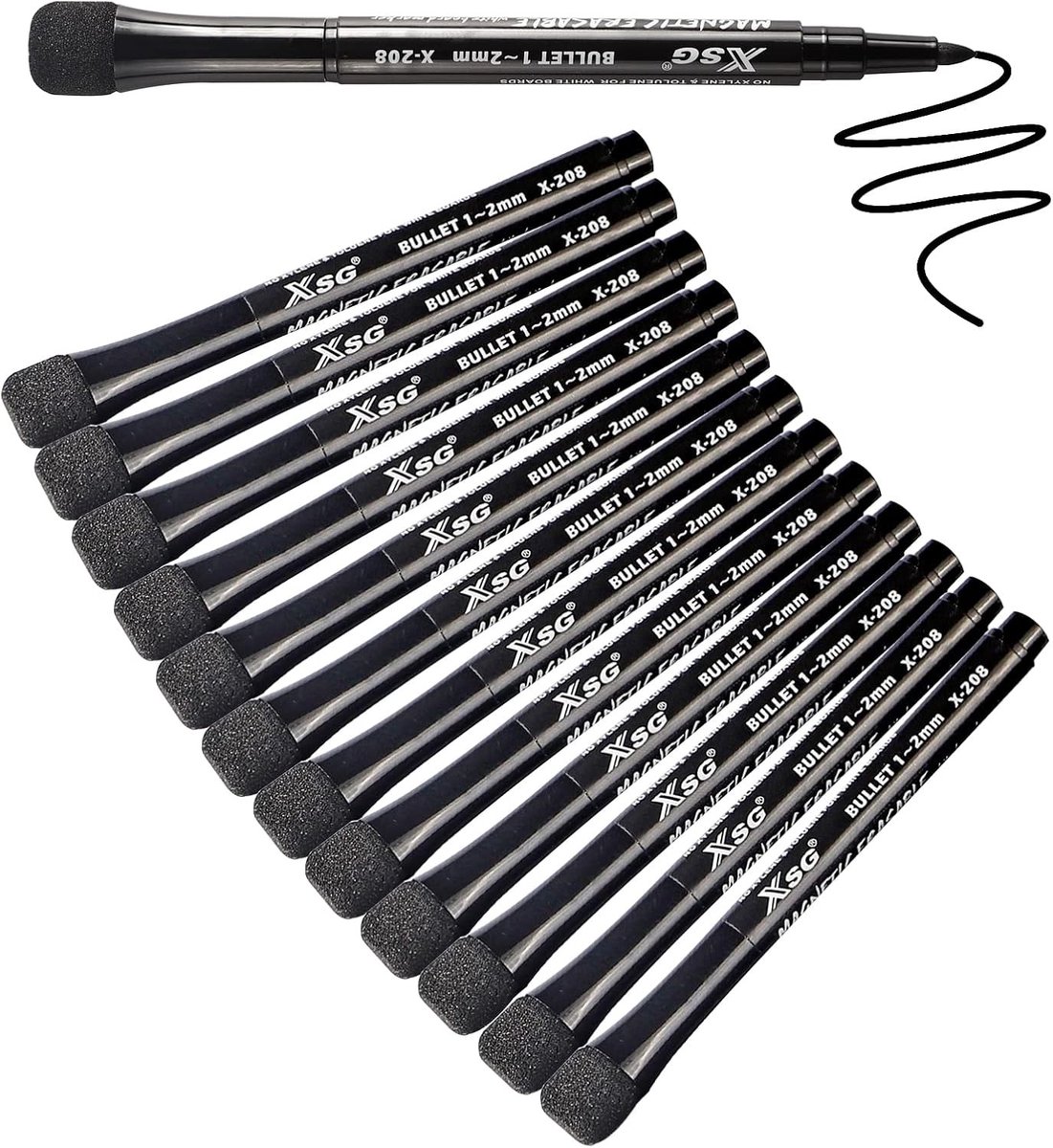 Whiteboardfolie - Zwart - 12 stuks - Dry Erase Markers met Magnetische Cap en Spons - Voor Thuis, School en Kantoor