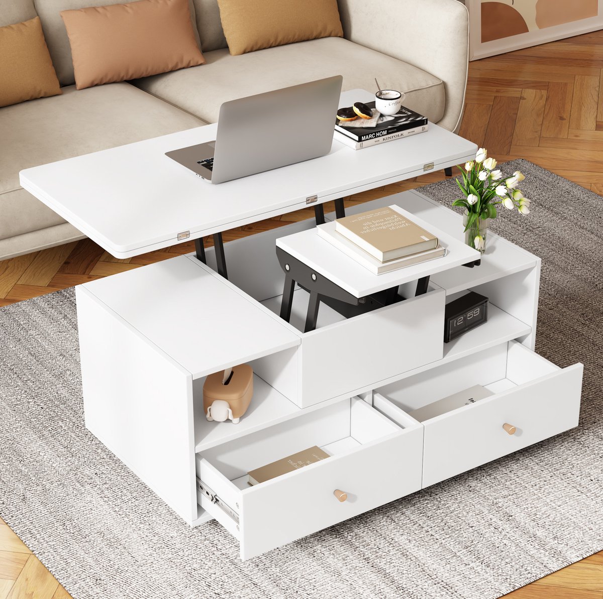 REDOM - Hoogteverstelbare salontafel - Klapfunctie met 4 lades en opbergruimte - Verrijdbaar met wielen - Moderne stijl - Woonkamer en eetkamer - MDF - Wit - 100 x 50 x 47,5 cm