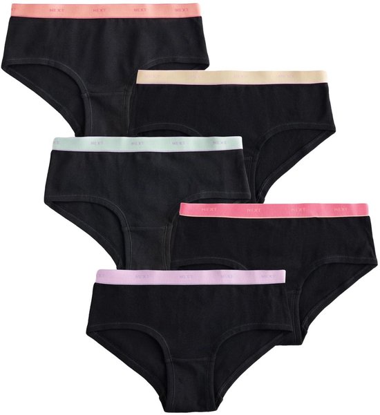 Set van 5 zwarte hipsters met gekleurde, gestreepte taillebanden: perzik, lichtgeel, mintgroen, felroze en lichtroze.