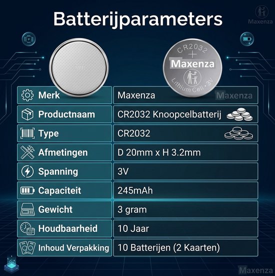 Batterijparameters van Maxenza CR2032 knoopcelbatterijen: Merk Maxenza, 3V spanning, 245mAh capaciteit, 3 gram gewicht, 10 jaar houdbaarheid, 10 batterijen.
