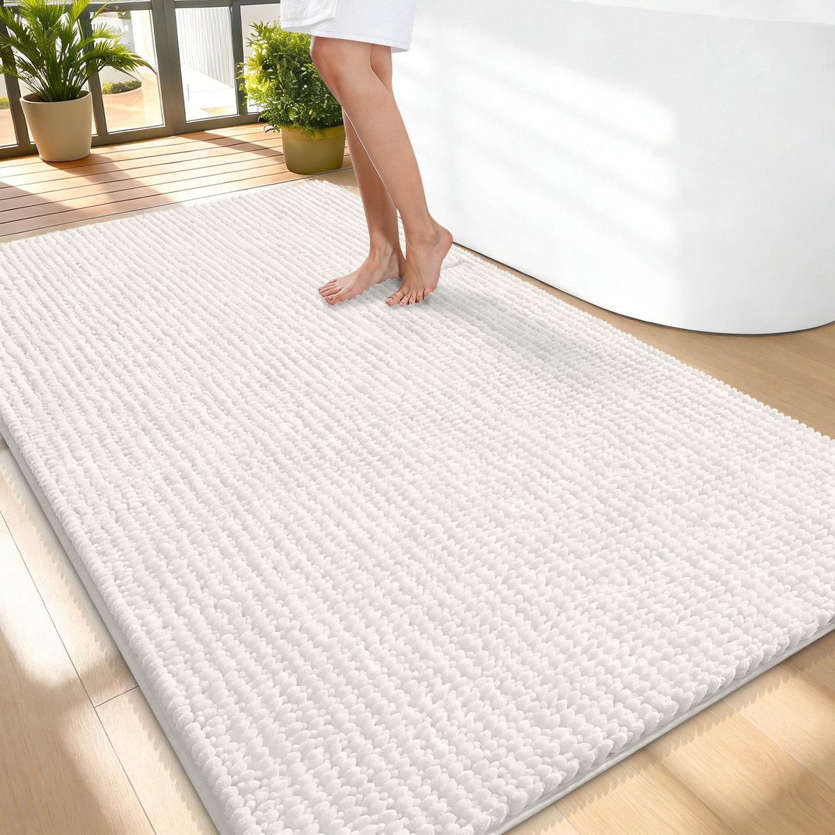 Olanly Badmat Antislip – Chenille Douchemat – Badmat Badkamer – Super Absorberend Deuropmat – Ivoorwit – 89X150cm