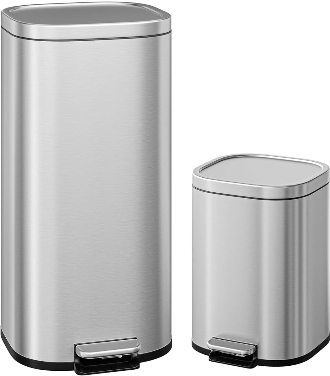 Pedaalemmer RVS Slank 2 Stuks - 30L+6L - Prullenbak Set - Waterdichte Badkamer Prullenbak - Soft Close Deksel - Voor Badkamer En Keuken - Zilver