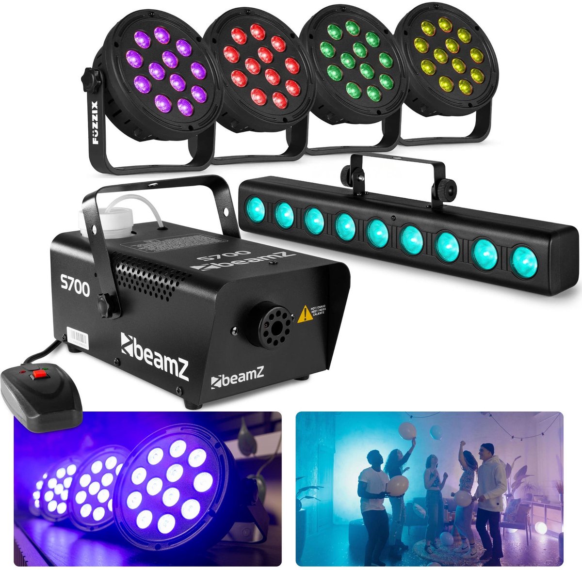 BeamZ huisfeest partyset - Met 5 discolampen en rookmachine - Ideaal voor kinderfeestjes - Pakket L
