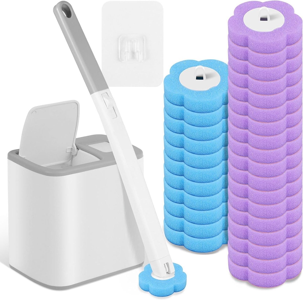 Vervanging voor wegwerp-toiletborstel - Grijs - 30 stuks reinigingsborstelkoppen - Met houder en wandmontage - Voor wc-reiniging