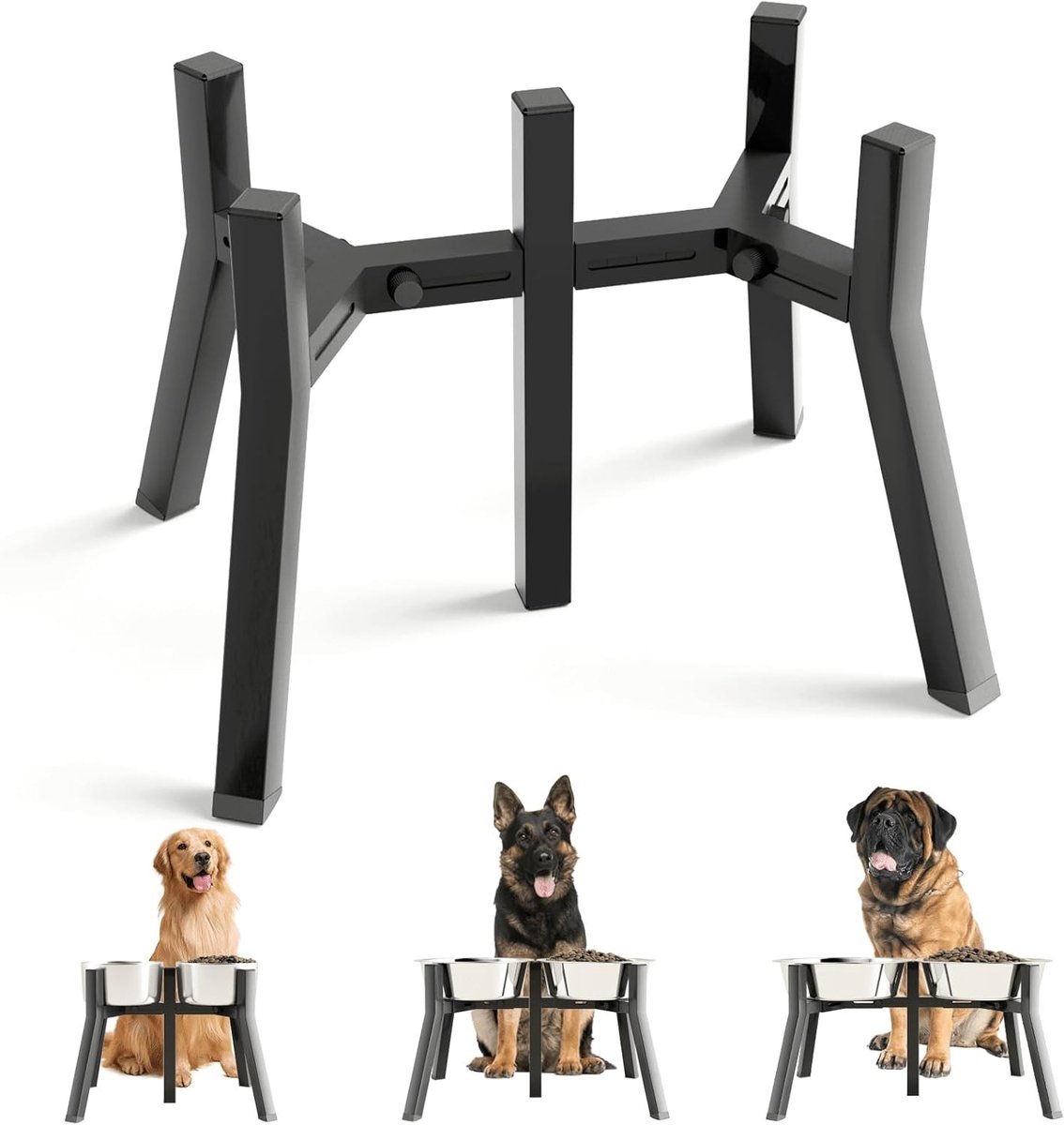 Verhoogde voerbak voor grote hond - Zwart - 28 cm hoog - Verstelbare hondenbakstandaard van metaal - Voor middelgrote en grote honden