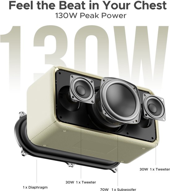 DOOGEE Field Rush - Draagbare Bluetooth Speaker - 130W Vermogen - 28 Uur Speeltijd - Waterdicht IP67 - BT 5.3 - Beige — afbeelding 3