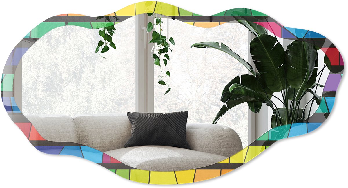Wallfluent Kleurrijk Mozaïek Spiegel - Geel Rechthoekige Spiegel Voor Interieur - Organische Spiegel - Woonkamer, Kantoor, Hal - Geometrisch - 45x90 cm - Totale afmeting 52x97 cm