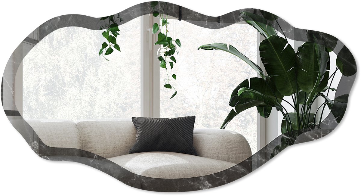 Wallfluent Marmerpatroon Spiegel - Zwart Strakke Rechthoekige Spiegel - Organische Spiegel - Woonkamer, Kantoor, Slaapkamer - Klassiek - 45x90 cm - Totale afmeting 52x97 cm