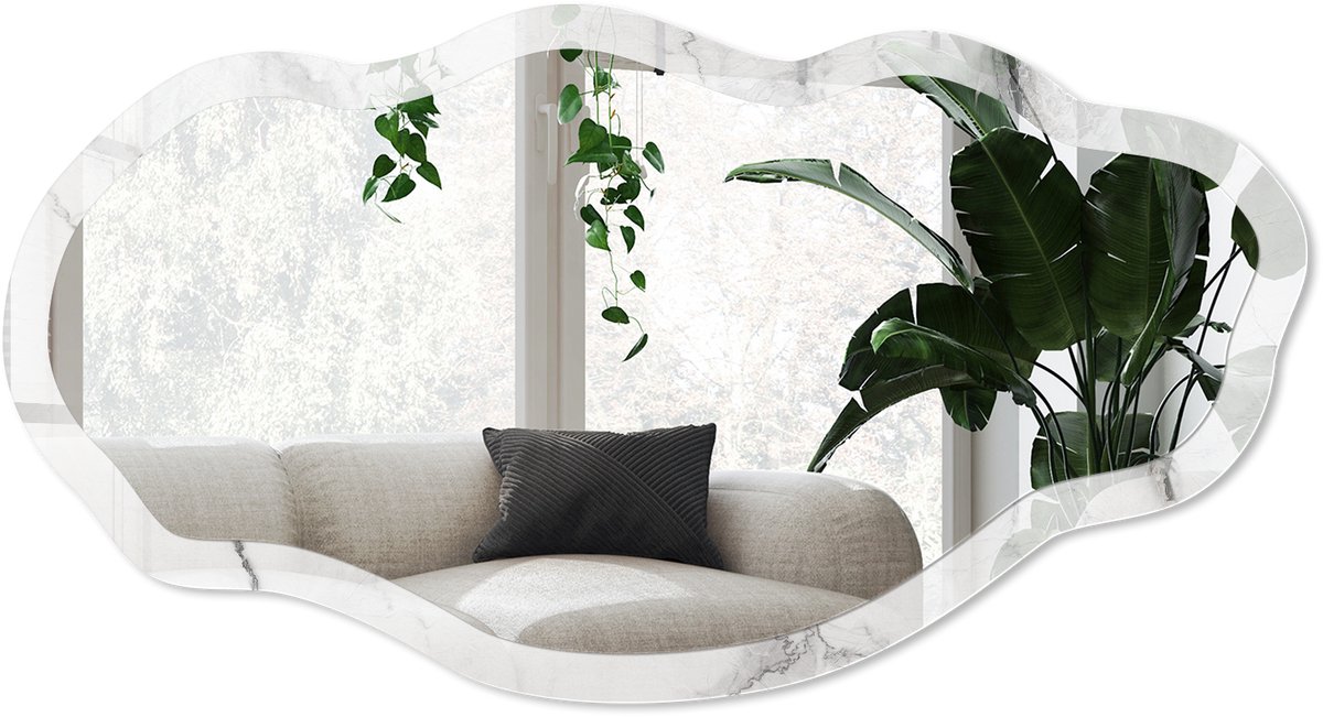Wallfluent Marmeren Elegantie Spiegel - Wit Stijlvolle Wandspiegel - Organische Spiegel - Woonkamer, Badkamer, Kantoor - Minimalistisch - 45x90 cm - Totale afmeting 52x97 cm