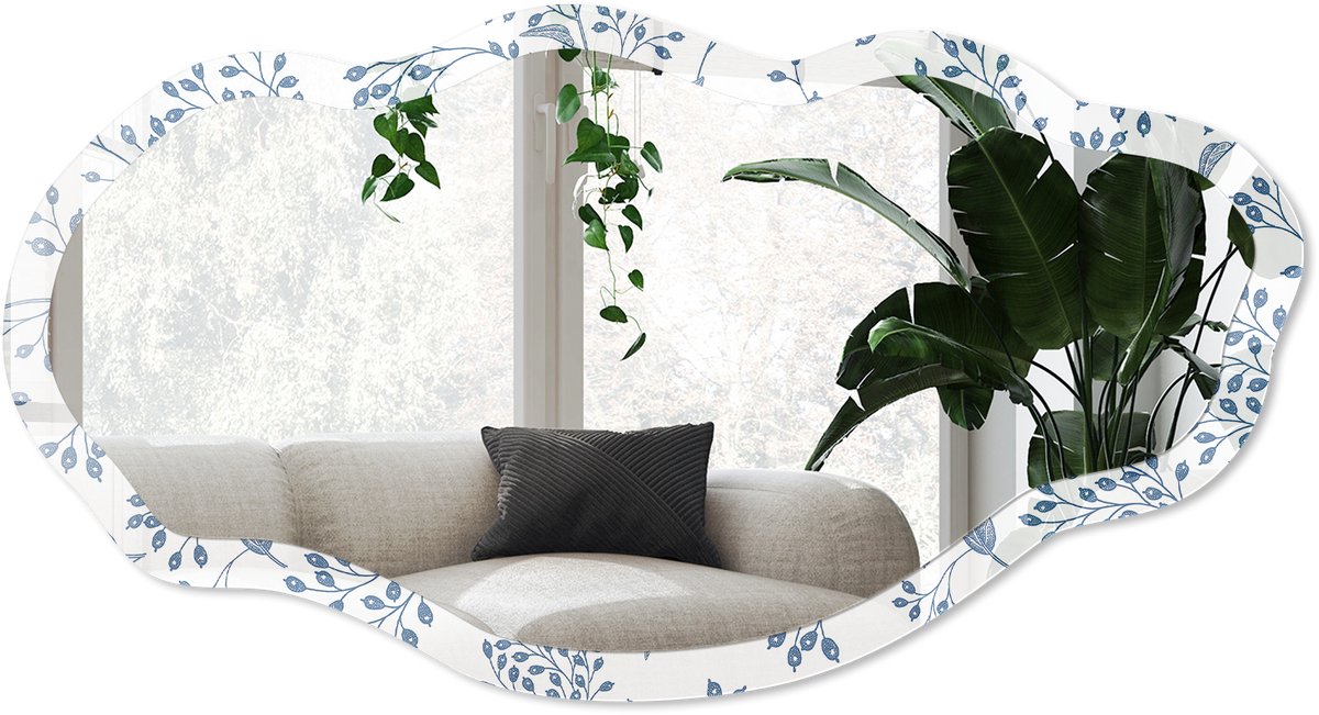 Wallfluent Plantmotief Spiegel - Blauw Strakke Rechthoekige Spiegel - Organische Spiegel - Slaapkamer, Woonkamer, Badkamer - Illustratief - 45x90 cm - Totale afmeting 52x97 cm