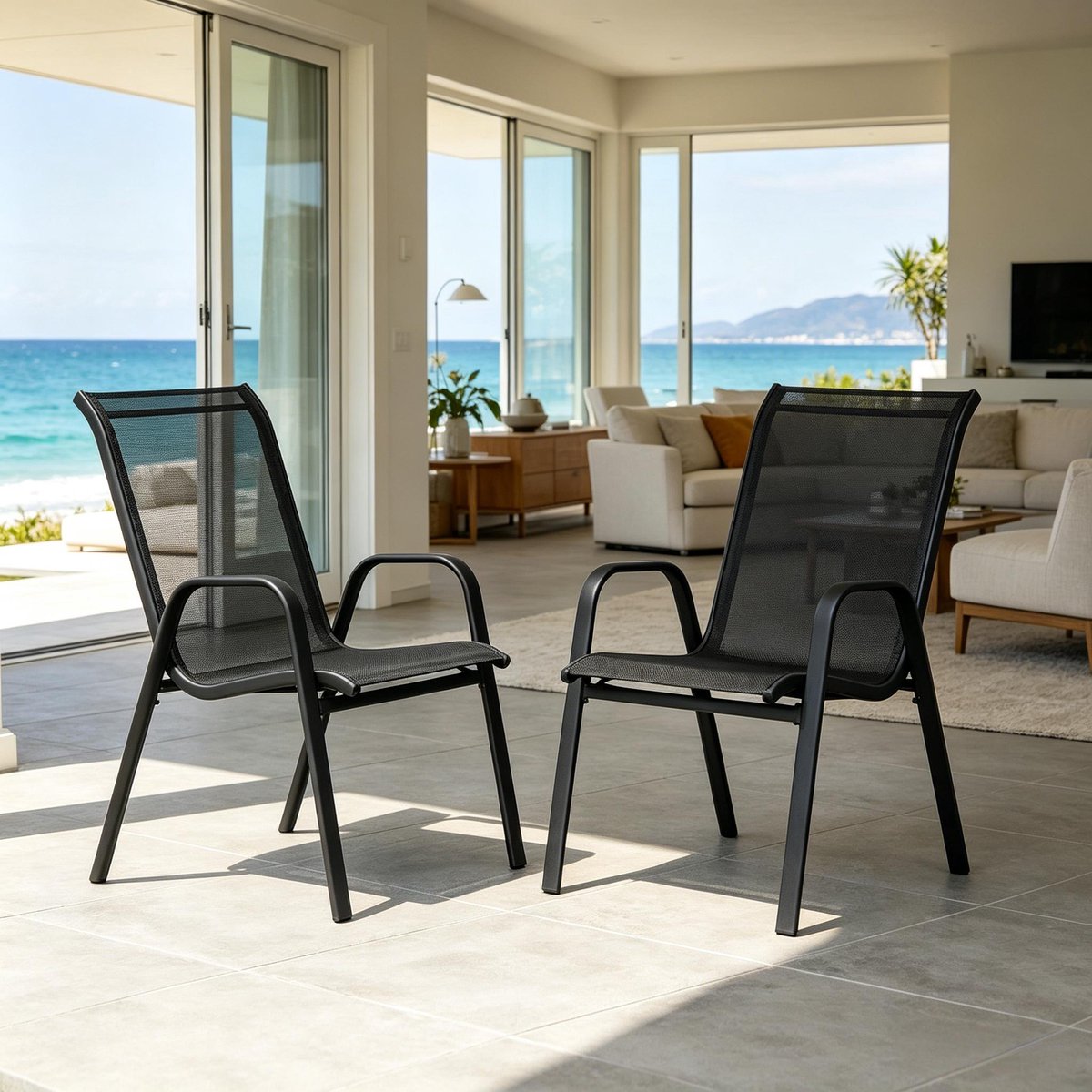 MIVRAY Tuinstoel Set van 2 - Stapelbaar Met Hoge Rug En Armleuningen - Voor Tuin Balkon En Terras - Metaal Polyester - Donkergrijs