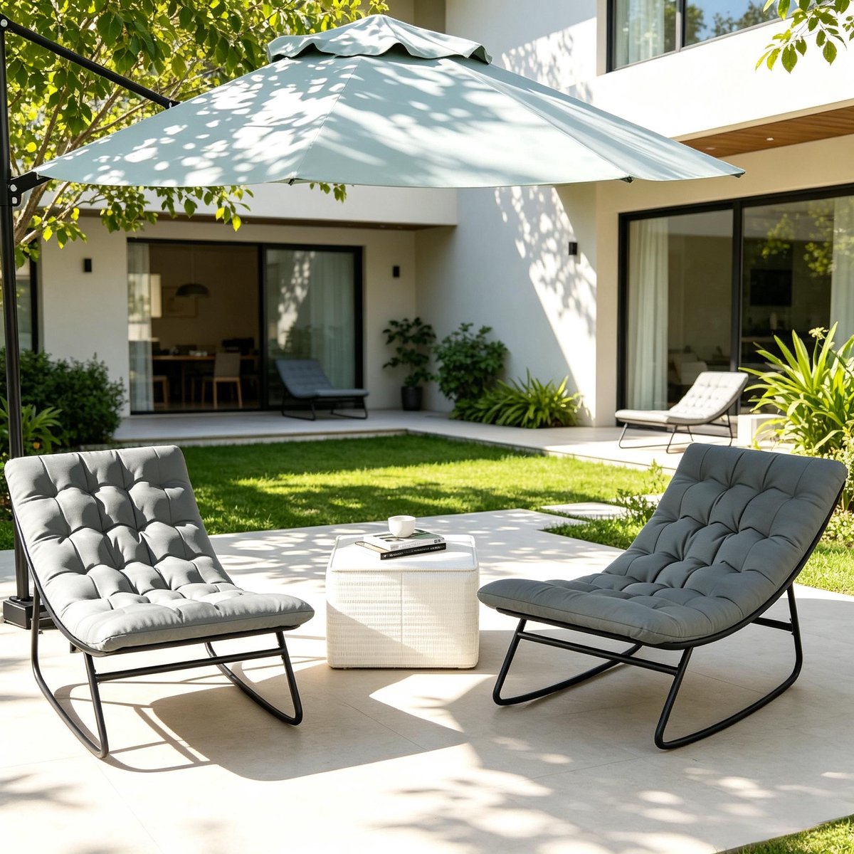 MIVRAY Schommelstoel Set Van 2 64 x 101 x 71 cm Met Dik Kussen Voor Tuin Terras En Balkon Stalen Frame Donkergrijs Zwart