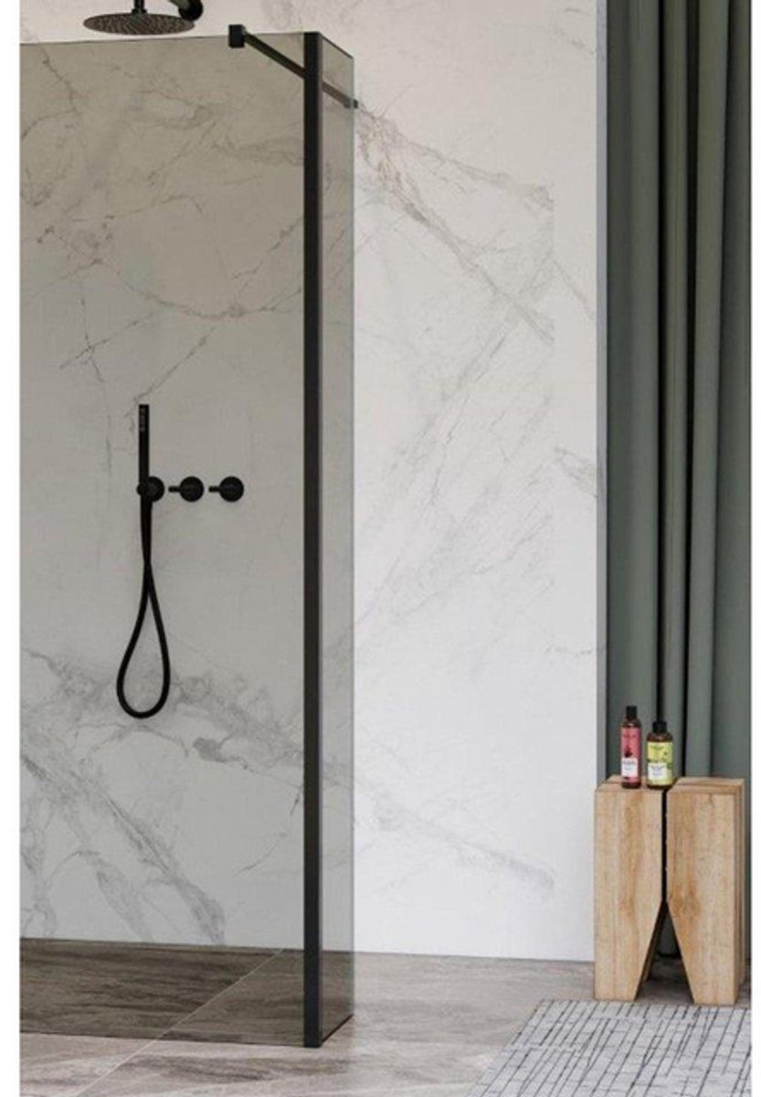 FugaFlow Eccelente Vetro zijwand - 30x200cm - rookglas - 8mm - met hoekprofiel - mat zwart -