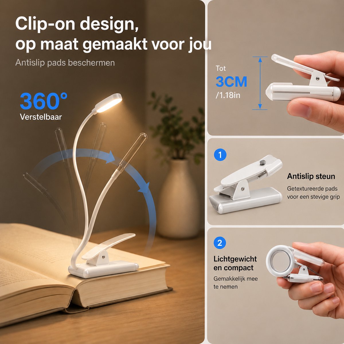 BOTC LED Leeslampje voor boek - 3 Lichtstanden & Oplaadbaar - Boeklampje - Klemlamp - Verstelbaar - USB Oplaadbaar - Wit — cadeau in Gadgets - foto 6