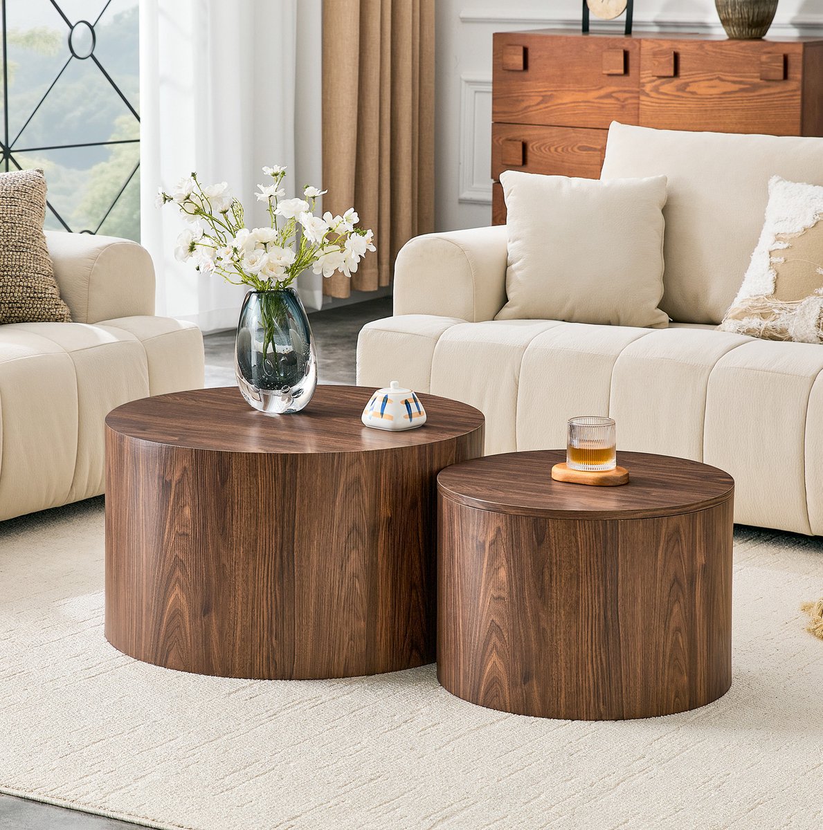 FloraGrace Salontafel Set - Ronde Nesting Couchtafels Met Opbergruimte En Afneembaar Deksel - Walnoot - MDF - 62,8 Cm En 44 Cm
