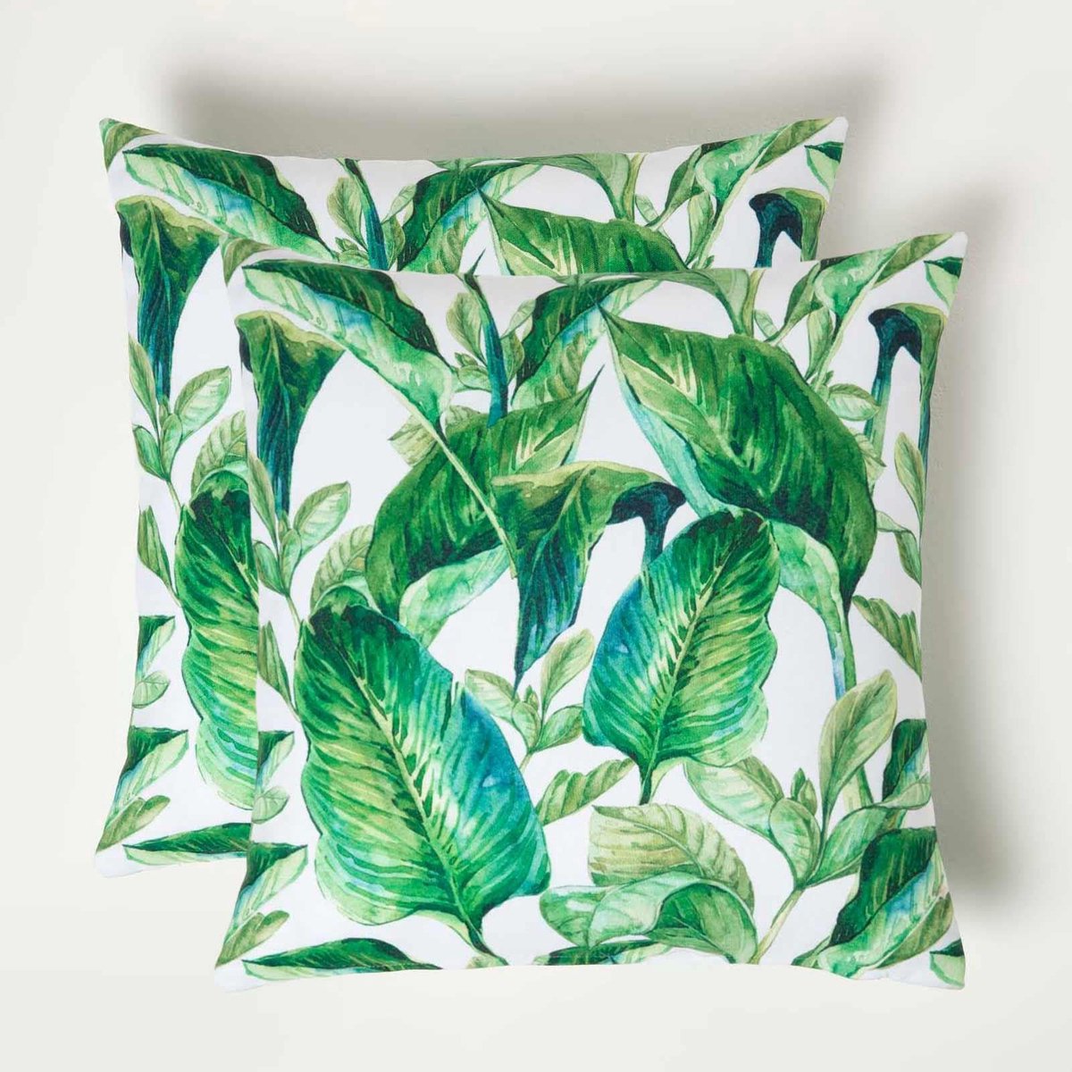 Famanu – Set van 2 outdoor kussens met tropische bladeren, groen-wit, tuinkussen van 45 x 45 cm, decoratief kussen voor terras en balkon