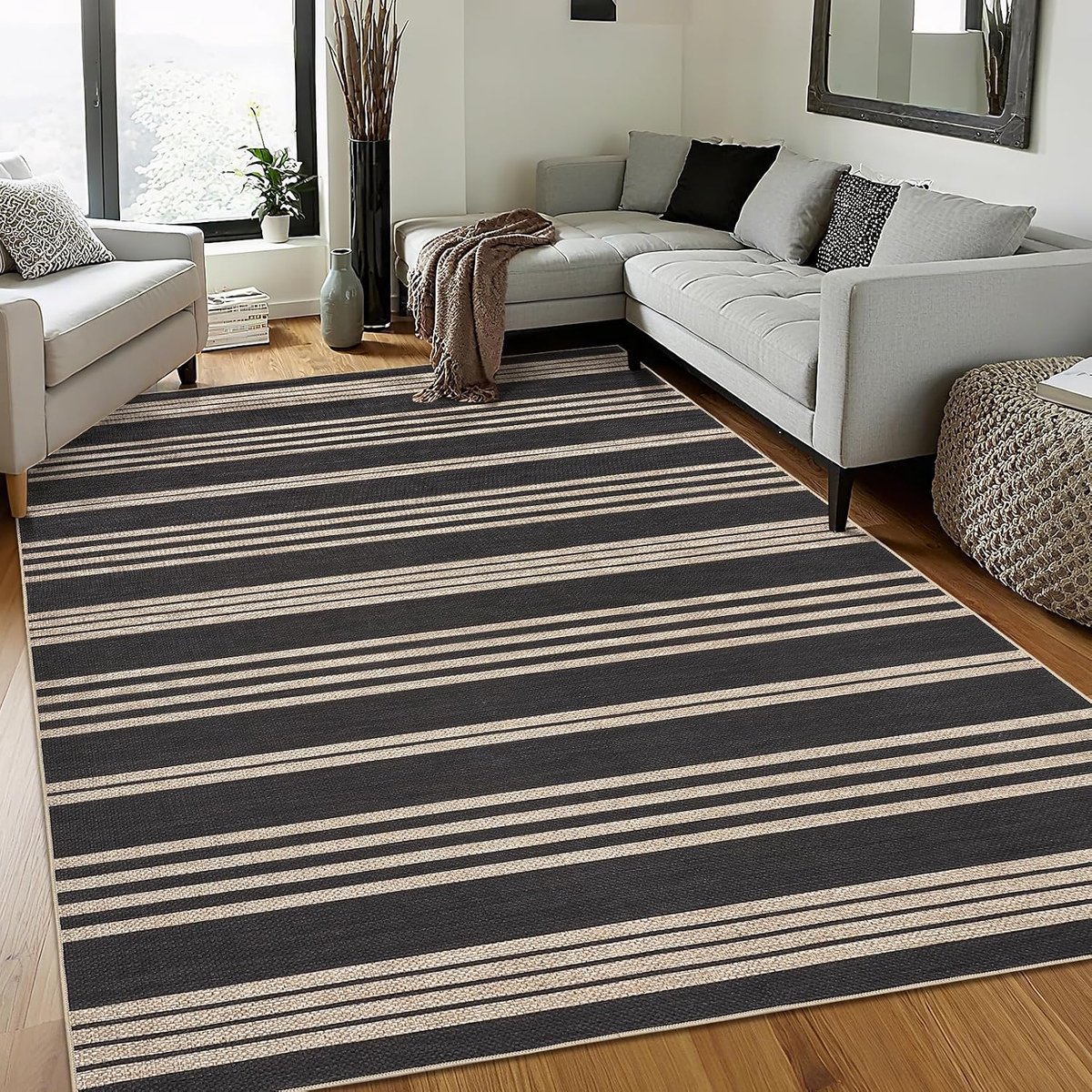 Vloerkleed Modern Linnen Look Zwart Wit 160x230 cm Wasbaar Opvouwbaar Woonkamer