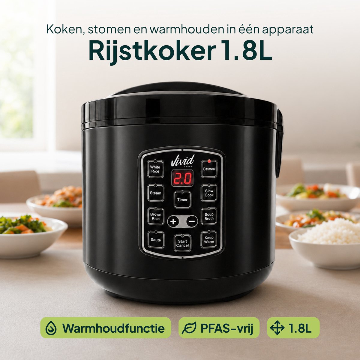 Vivid Green Rijstkoker 1,8 Liter met Stomer - PFAS-vrij - 7-in-1 Multicooker - 1 tot 4 Personen - Rice Cooker - Zwart – foto 2