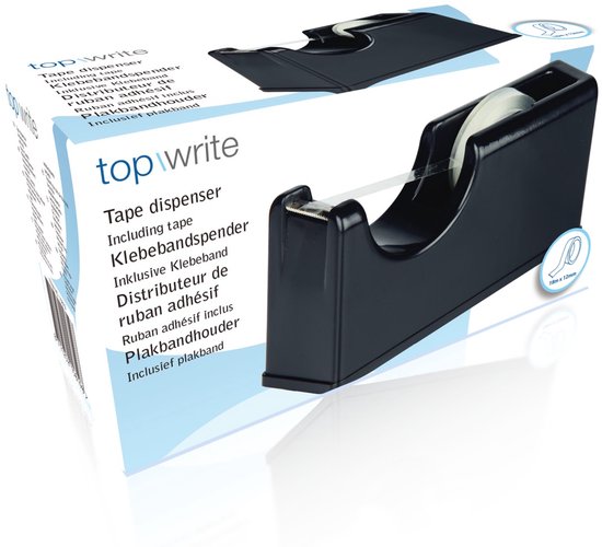 Zwarte Topwrite plakbandhouder met tape, 18m x 12mm.
