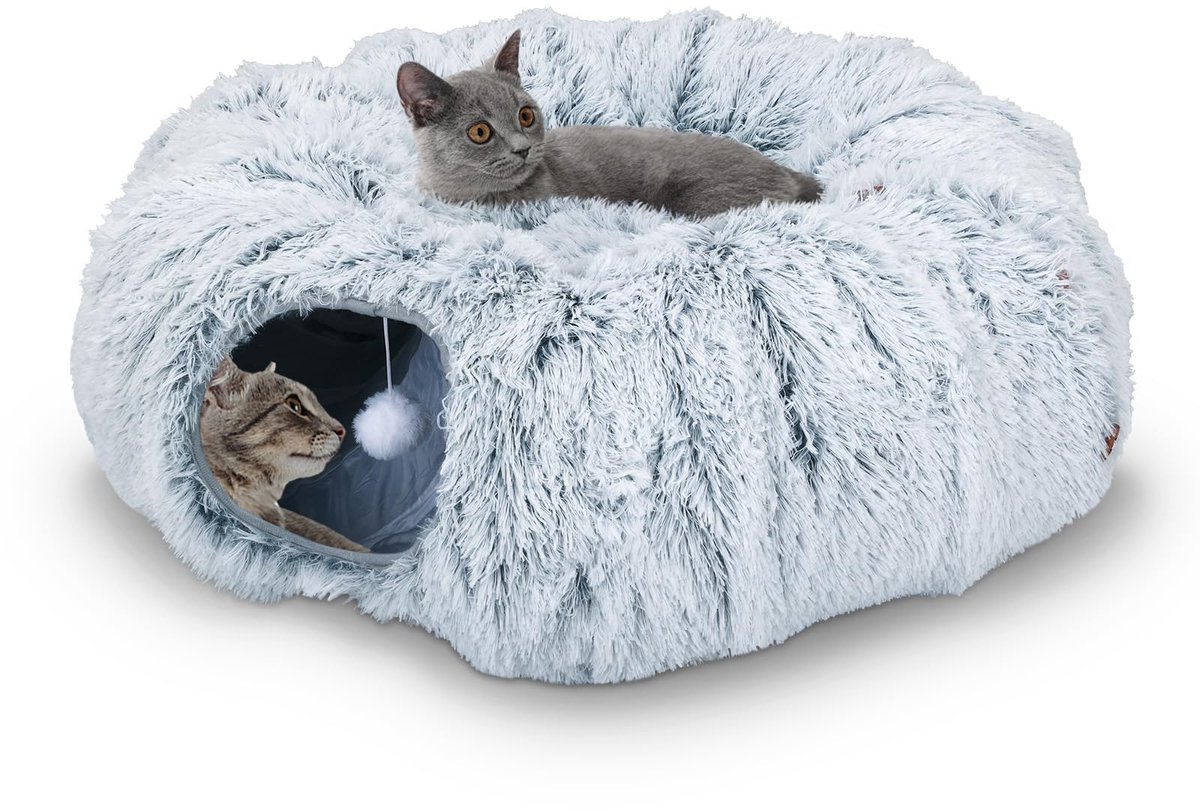 Famanu – Kattentunnelbed voor binnenkatten, pluizige kattengrottunnel met afneembaar kussen, multifunctioneel speeltje voor katten, puppy's, konijnen en fretten, grijs