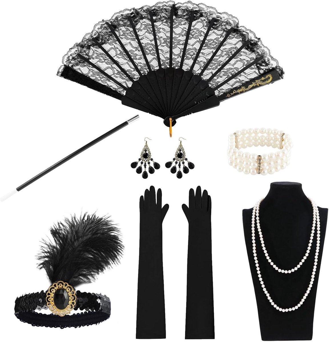 7-delige kostuumaccessoires voor vrouwen in jaren '20 stijl - herbruikbare zwarte maffia kostuumaccessoires voor Great Gatsby themafeesten en retro evenementen