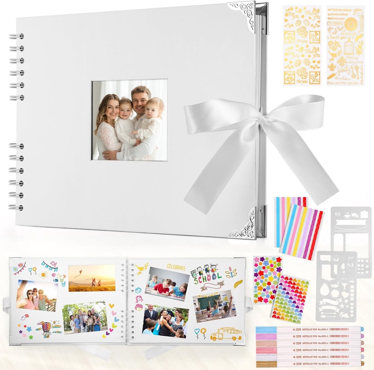 Fotoalbum voor Scrapbooking, Wit, 29.5 x 21 cm, Inclusief 6 Metalen Pennen, Geschikt voor 160 Foto's en Gastenboek voor Verjaardagen en Bruiloften