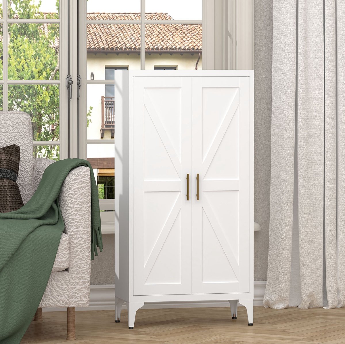 MIVRAY Keukenkast Verstelbare Planken En Magnetische Deuren Vrijstaand Voor Keuken Woonkamer En Kantoor Metaal Wit 60x30x120 Cm