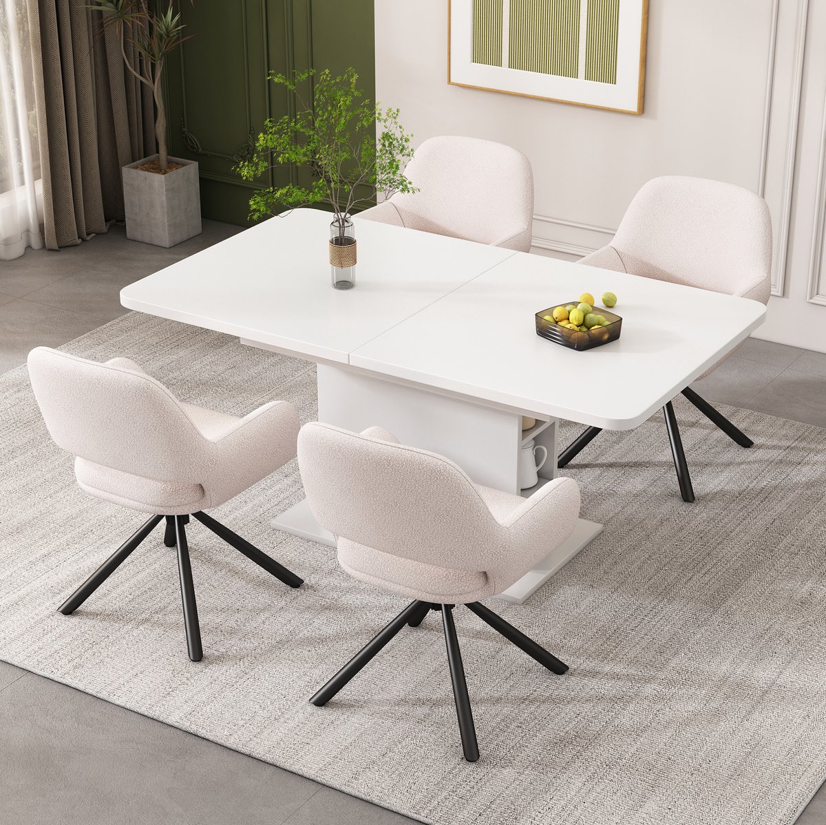 OKWISH Eetkamerstoel 80 cm - Draaibare Kuipstoel Met Armleuningen - Set Van 4 - Sherpa Stof - Modern Voor Eetkamer En Woonkamer - Wit
