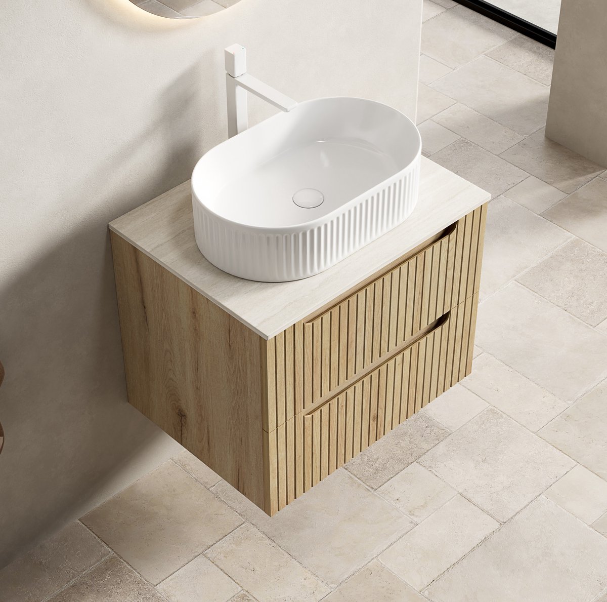 MIVRAY Badkamermeubel - 60 Cm Zwevend Met Ovaal Wastafel En Zacht Sluitende Lades - Voor Moderne Badkamer - Wit Eiken - 60 Cm