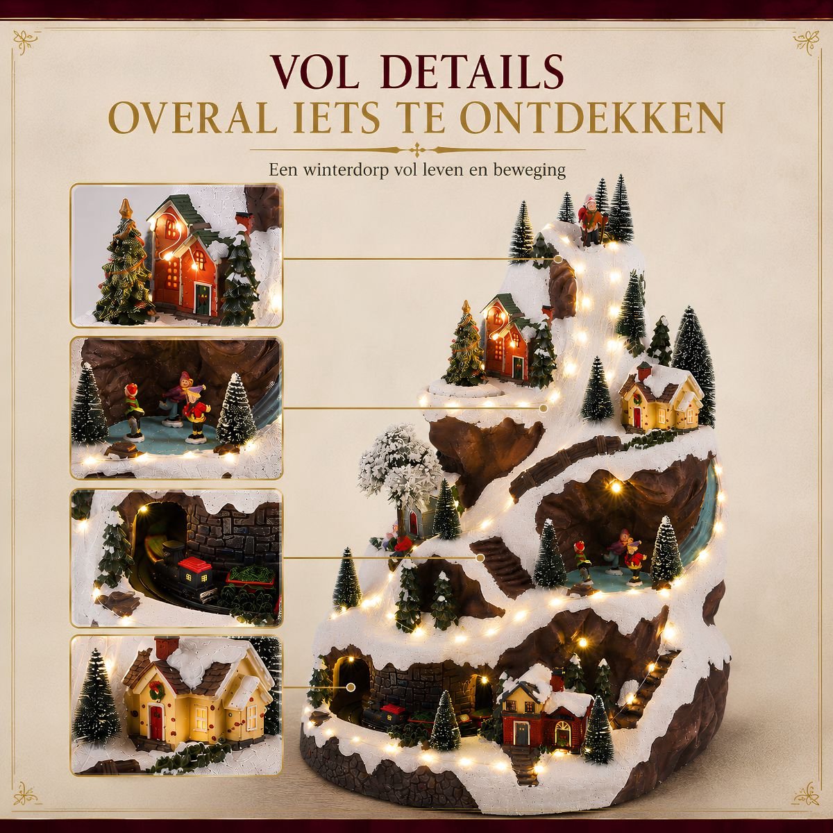 Luville Kerstdorp Miniatuur Skipiste - Kerstversiering met Ronddraaiende Kerstboom en Rijdend Treintje - Kerst Decoratie met Verlichte Huisjes - Inclusief Adapter - L33 x B31 x H46 cm - Meerkleurig – foto 5