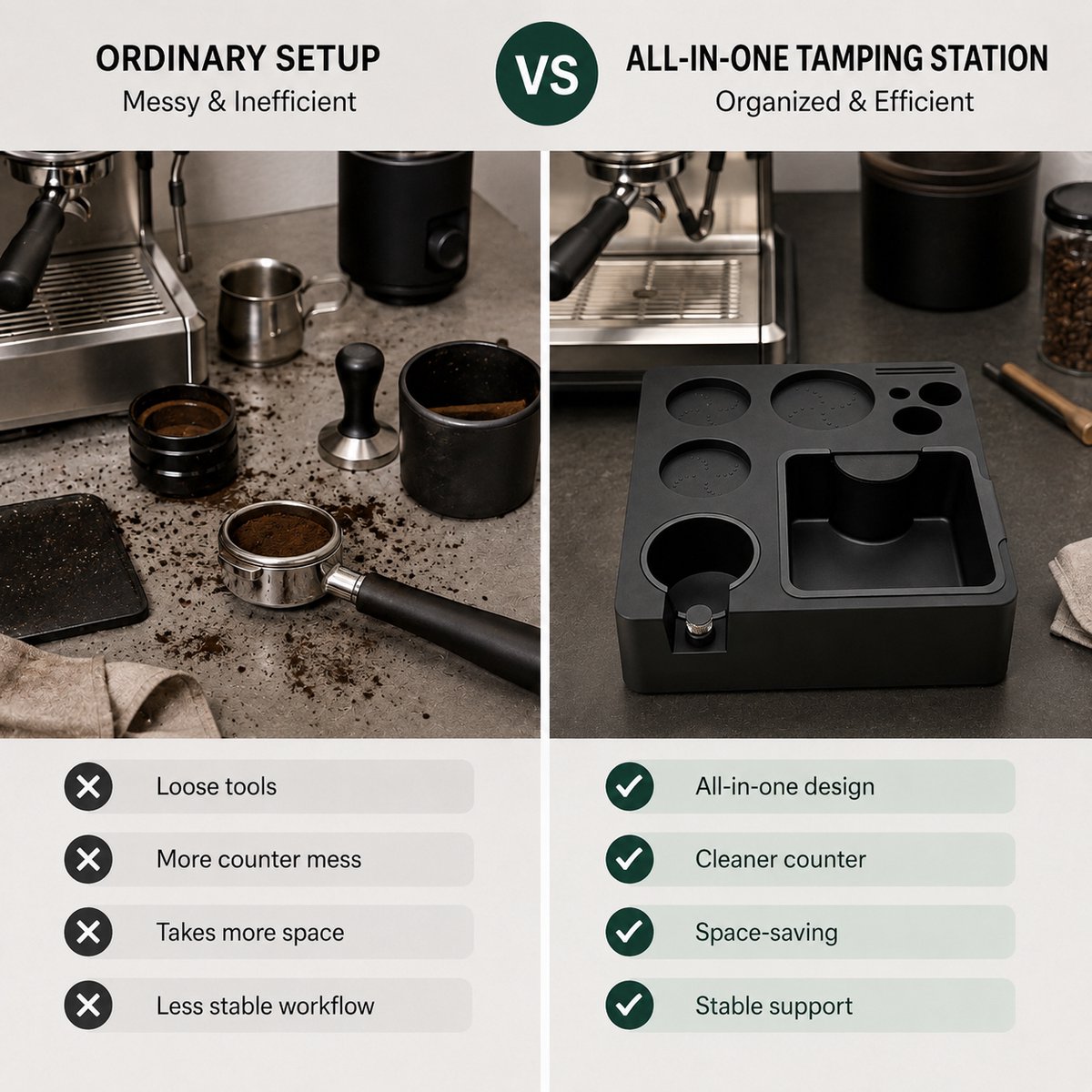 Multifunctioneel stopstation met uitklopbak - Universele tamper station voor 51 t/m 58.5mm filterdrager - Luxe koffiecorner accessoires organizer voor thuisbarista - Zwart