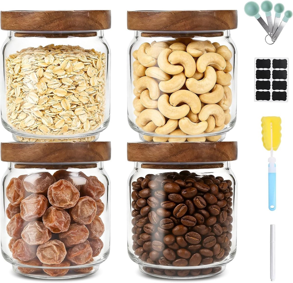 Glazen Potten Set - Luchtdicht - 450 ml - Herbruikbare Potjes met Houten Deksels - Voor Granen, Bonen en Kruiden