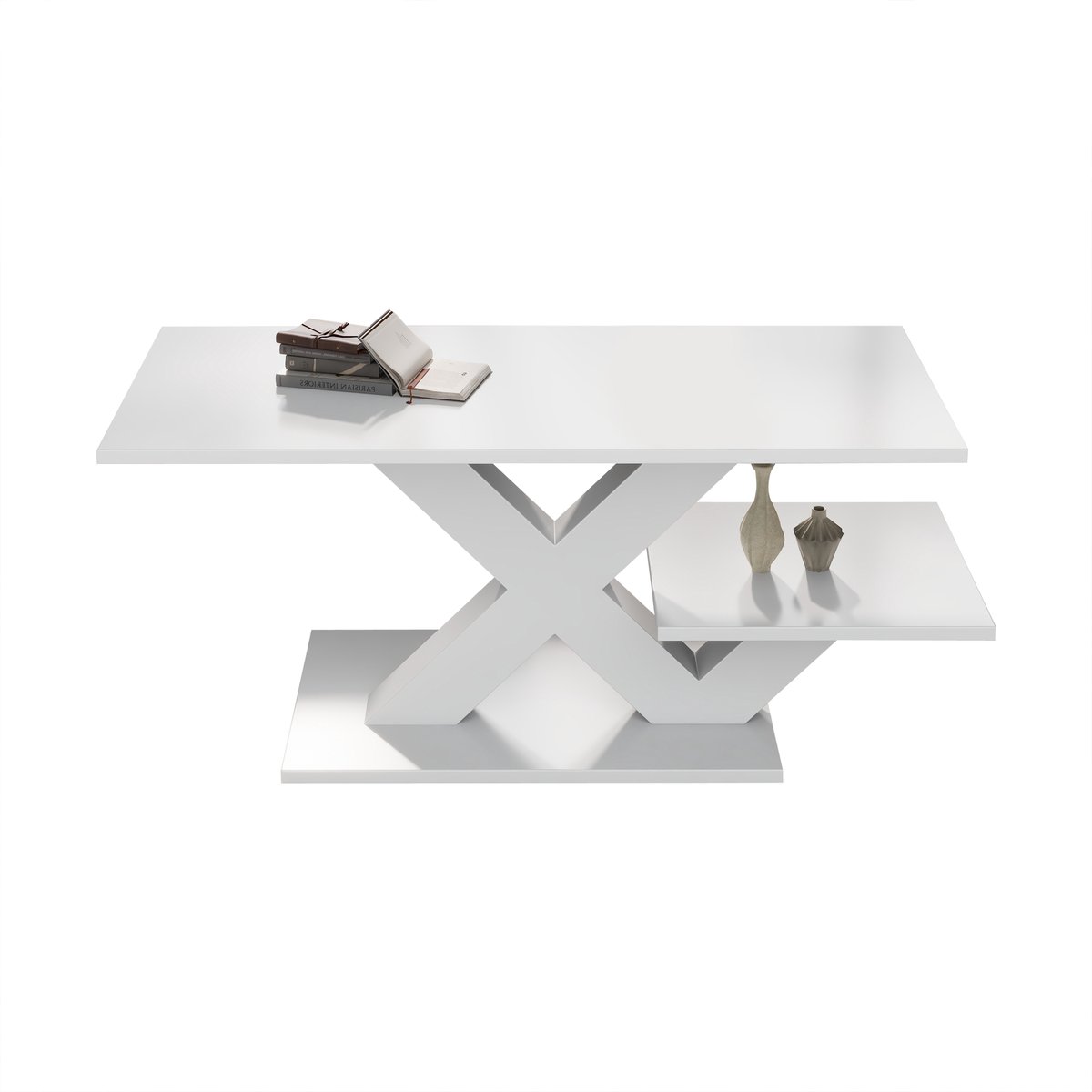 MUVANO Salontafel - Witte Hoogglans Salontafel - Moderne Rechthoekige Salontafel - Salontafel Met Dubbel Tafelblad - 100x48x45 cm - Opbergen - Woonkamer Wit